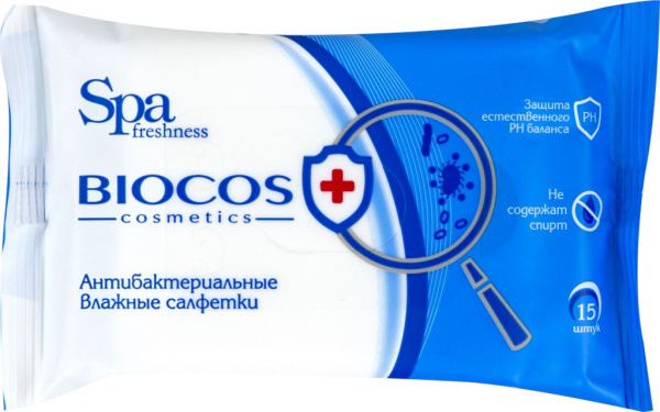 Салфетки влажные BIOCOS антибактериальные, 15шт